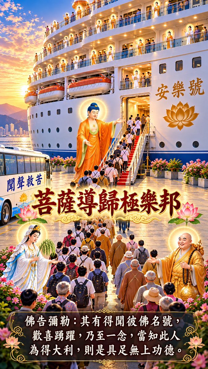 sdnftsdnftsdnft's tweet photo. 《菩薩牽引導歸極樂》
有人從誦經開始，有人持咒、拜佛、修諸功德；一路走來都是佛菩薩慈悲牽引的方便。但走久了終究要問：這一生結束以後，我要往哪裡去？
《無量壽經》說：「多有菩薩，欲聞此經而不能得。」今天我們能聽聞阿彌陀佛，知道有一個極樂世界可以回去，其實是很難得的因緣。難怪釋尊說，得聞彼佛名號，乃至一念歡喜，便是「得大利，具足無上功德（往生成佛）」。
觀音、勢至兩位菩薩助阿彌陀佛攝化眾生，普賢菩薩十大願王最後導歸極樂，釋尊又殷切勸彌勒菩薩信受此法。菩薩走在前面，不只自己往前走，更像是在回頭招呼我們：來吧，這條路可以回家。
我們沒有菩薩智慧，也沒有大修行人的功夫，甚至念佛還會妄想、散亂。但正因為如此，才更需要阿彌陀佛的願力。所以不必嫌念佛太簡單，也不要覺得一定要修得多、修得高才有希望。來路可以不同，最後有一個共同的方向——信受彌陀救度，稱念彌陀名號，願生極樂。
所以，能在茫茫人海中聽見這一句「南無阿彌陀佛」，又願意相信、願意跟著走，真的就是人生最大的福分。因為這條路的終點，不只是離苦得樂，而是往生不退，直至成佛。