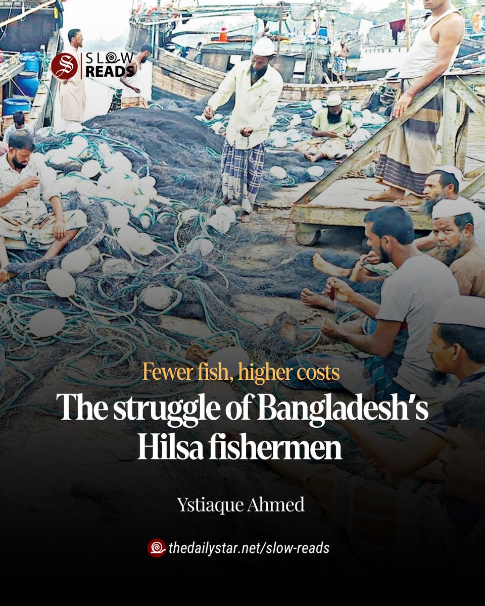 Slow_Reads's tweet photo. There is a bitter irony in this dependence on Hilsa. As the market price of the fish rises, the people who catch it can find themselves increasingly unable to afford it. Harun says a kilogramme of Hilsa can sell for as much as Tk 2,500. At that price, keeping part of the catch for his own family becomes a luxury. “We are the ones catching the fish, but we cannot afford to eat it ourselves,”

Read the full article here: https://t.co/nlfCAkwWrS

#SlowReads #Hilsa #fishermen #Bangladesh