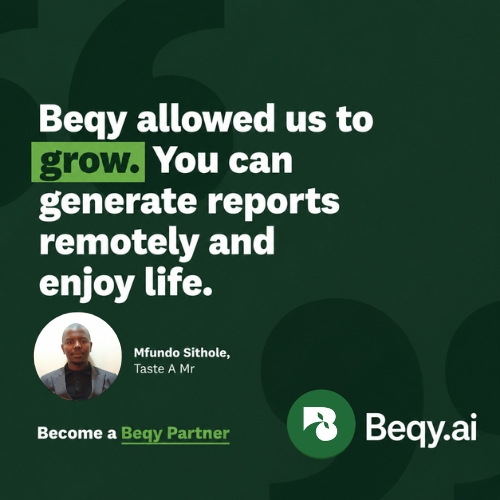 Beqyai's tweet photo. "Beqy allowed us to grow. You can generate reports remotely and enjoy life." — Mfundo Sithole, Taste A Mr 🙌

Real business owners, real results. Ready to work smarter, not harder?

Sign up on Beqy → @Beqy.ai 

#Beqy #CustomerStory #FinTechAfrica https://t.co/ikaDN2Qd3n
