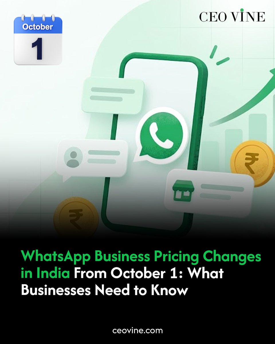 CeoVine's tweet photo. @Meta has revised pricing for the @WhatsApp Business Platform in India from October 1, introducing charges for service messages after a monthly free allowance.
Read more: https://t.co/4GJK8zzclT
#WhatsApp #WhatsAppBusiness #Meta #WhatsAppBusinessPlatform #CEOVINE https://t.co/MT4X8Jisa0
