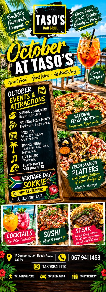 bugletwit's tweet photo. October at Taso's Bar Grill: National Pizza Month, seafood platters, sushi &amp; steak, live music weekends, Heritage Day Sokkie 25 Sept from 17:00. Walk-ins welcome. 17 Compensation Beach Rd, Ballito | 067 941 1458. #TasosBarGrill #Ballito #TheBugle https://t.co/gK7ADCN1Ls
