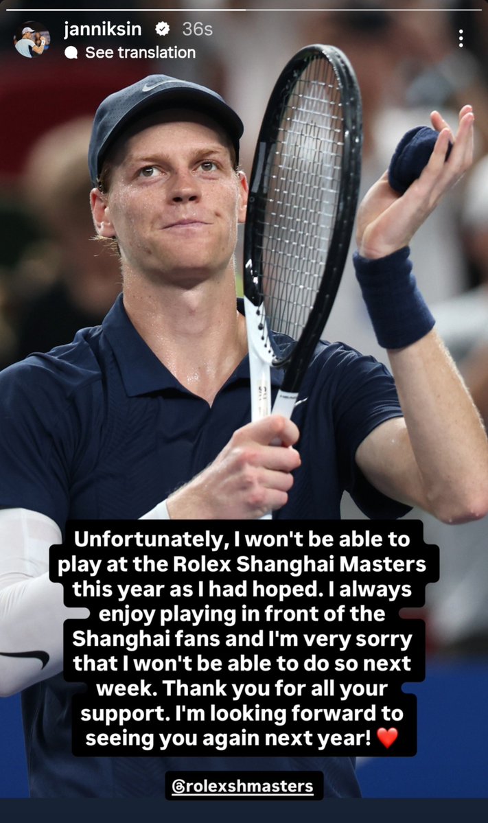 jannik_files's tweet photo. Jannik Sinner won't play the Rolex Shanghai Masters. 🥲🫂 https://t.co/Wygg1sU4gz