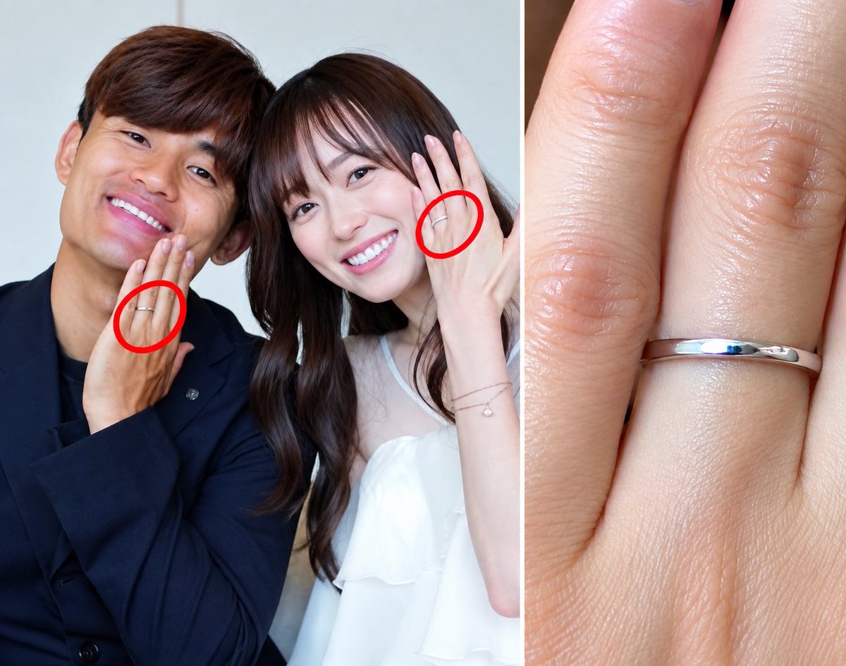 ksp0cy's tweet photo. 【左手薬指の指輪に注目💍 ブルガリ説も？】

#久保建英　#福原遥　#まいんちゃん

左手薬指にキラリと光る結婚指輪💍
細身でシンプルなデザインは、ブルガリ「フェディ」にも似ていると注目👀

ブルガリなら同系統のプラチナリングは20万円台。

ただし、ブランドや価格は正式発表されておらず特定はできません。

それにしても上品で素敵な指輪✨