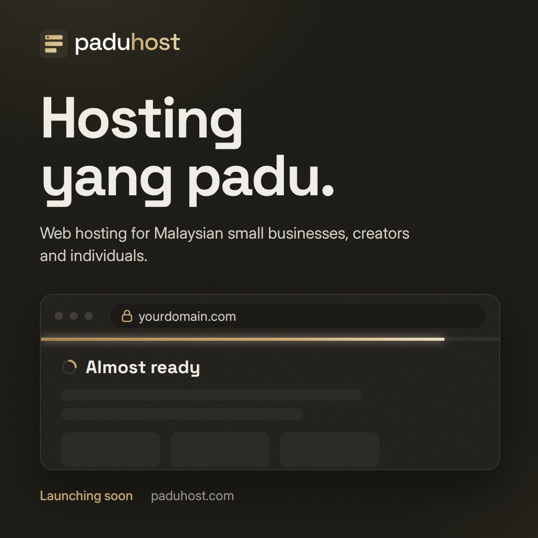 PaduHost's tweet photo. Hosting yang padu.

Web hosting for Malaysian small businesses, creators and individuals. Fair prices, no ++ and no renewal surprises.

We're almost ready. Follow us to get updates and be the first to know when we go live.

#HostingYangPadu #PaduHost #WebHostingMalaysia #SMEMalaysia #WordPressMalaysia #WebsiteMalaysia