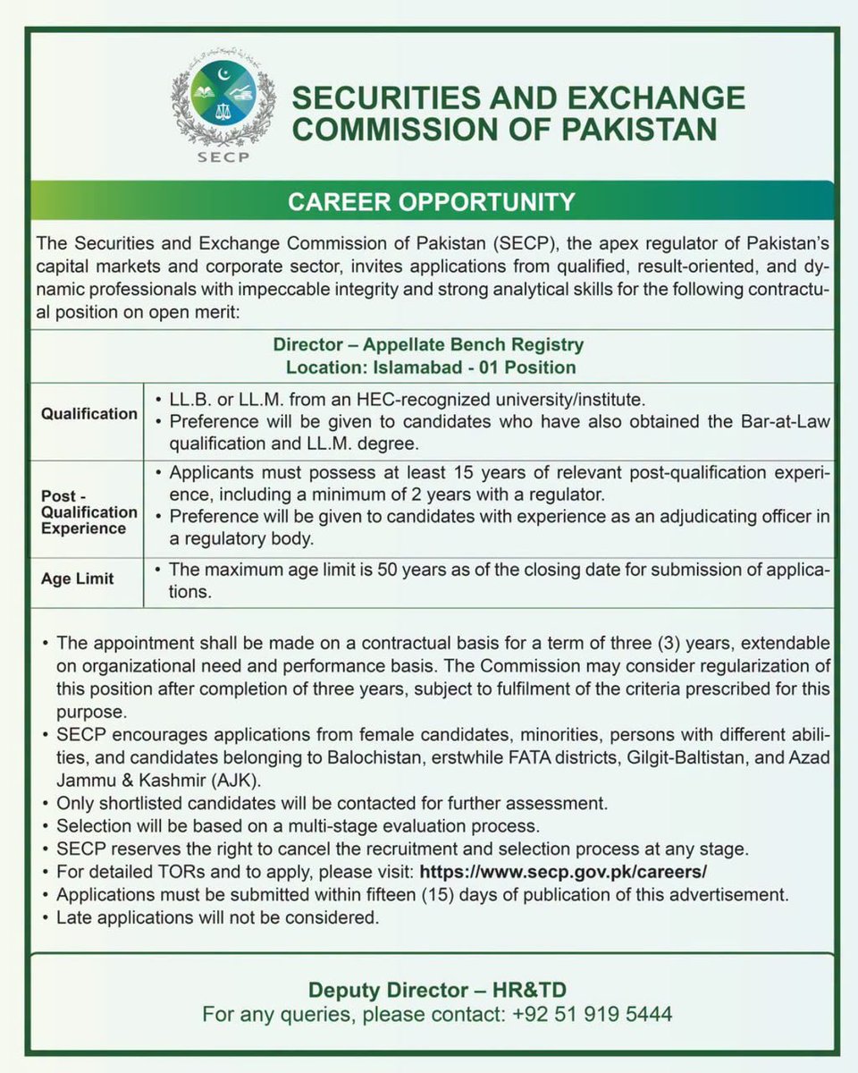 VakilTvOfficial's tweet photo. #VakilHiring No. 1397: Career Opportunity at SECP
The SECP invites applications for the position of Director – Appellate Bench Registry, based in Islamabad.
📅 Last date to apply: October 10, 2026
https://t.co/puDDYOlgOw
#SECP #VakilTV https://t.co/9HVJyrEswJ