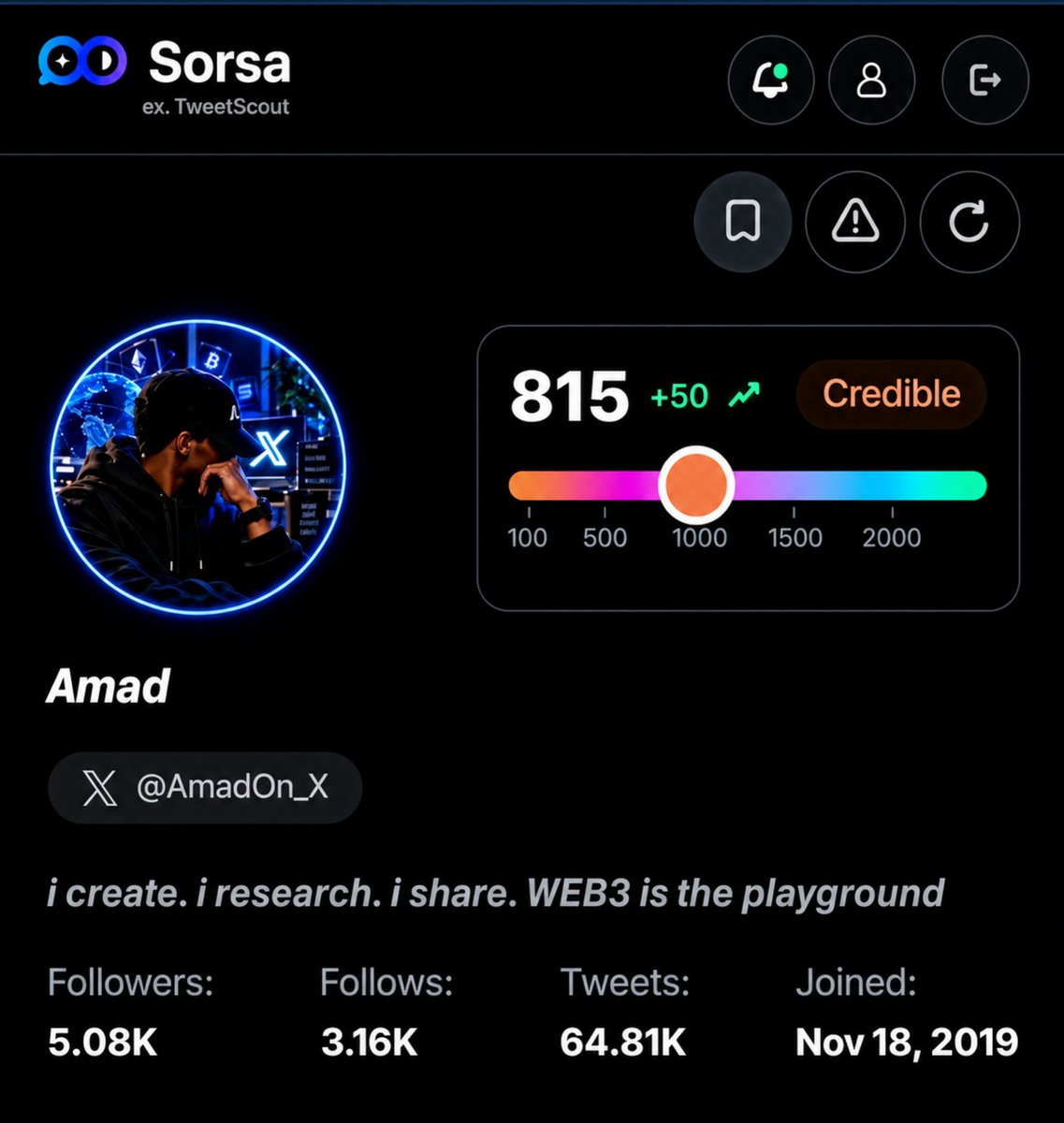 AmadOn_X's tweet photo. 𝐁𝐮𝐢𝐥𝐝𝐢𝐧𝐠 𝐚 𝐖𝐞𝐛𝟑 𝐚𝐜𝐜𝐨𝐮𝐧𝐭 𝐰𝐨𝐫𝐭𝐡 𝐟𝐨𝐥𝐥𝐨𝐰𝐢𝐧𝐠 𝐨𝐧𝐞 𝐩𝐨𝐬𝐭 𝐚𝐭 𝐚 𝐭𝐢𝐦𝐞.

𝐒𝐨𝐫𝐬𝐚 𝐒𝐜𝐨𝐫𝐞: 𝟖𝟏𝟓+ ➩ 🟢 𝐂𝐫𝐞𝐝𝐢𝐛𝐥𝐞

If you’re into Web3 • Crypto • Research • Opportunities

let’s connect🤝 → @AmadOn_X https://t.co/HQveUjeqbe