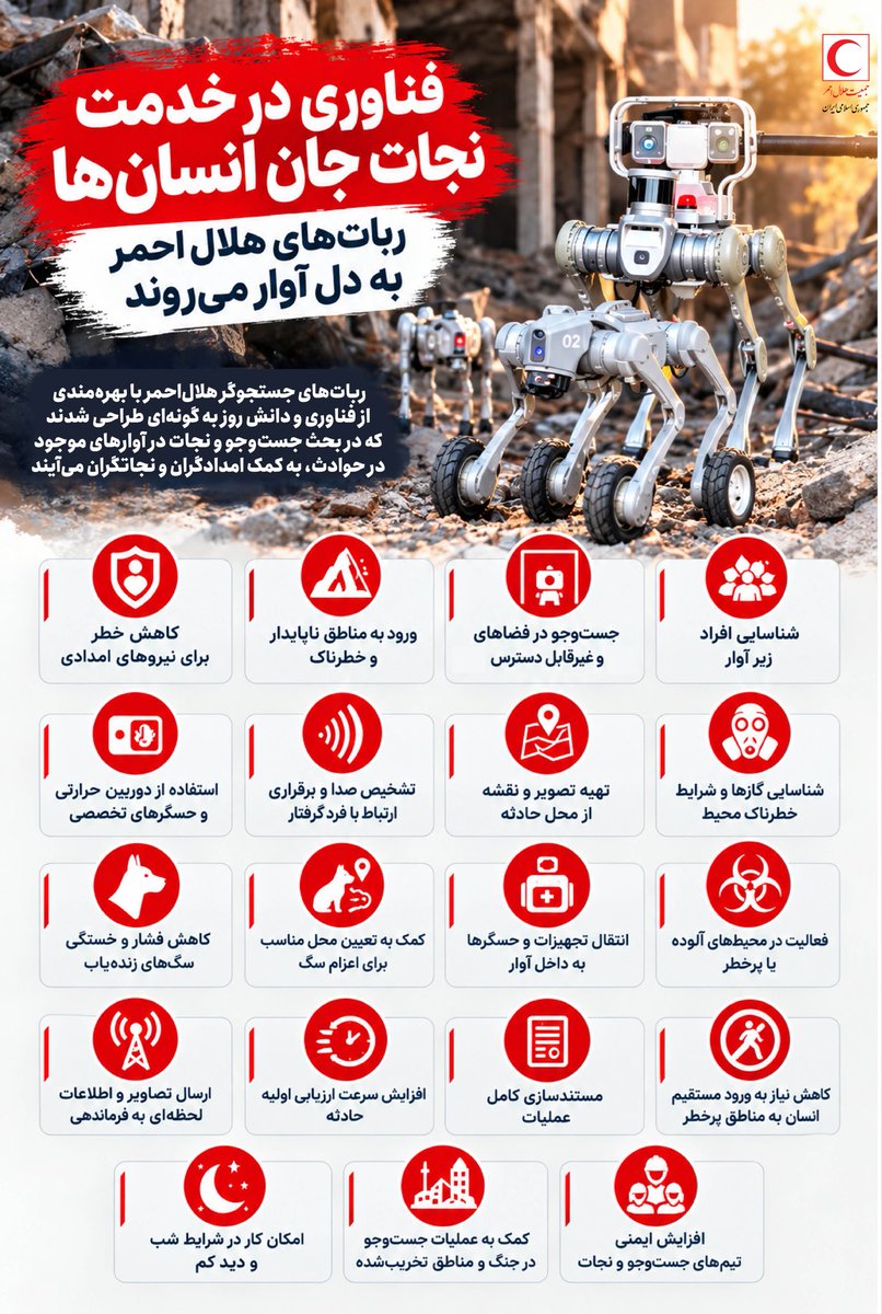 Iranian_RCS's tweet photo. فناوری در خدمت نجات جان انسان‌ها / ربات‌های هلال احمر به دل آوار می‌روند / ویژگی های ربات های امدادگر

#ربات‌های_جستجوگر_هلال‌احمر با بهره‌مندی از #فناوری‌ و دانش روز به گونه‌ای طراحی شدند که در بحث جست‌وجو و نجات در آوارهای موجود در حوادث، به کمک امدادگران و نجاتگران می‌آیند. https://t.co/Mr0Pd1Vx1r