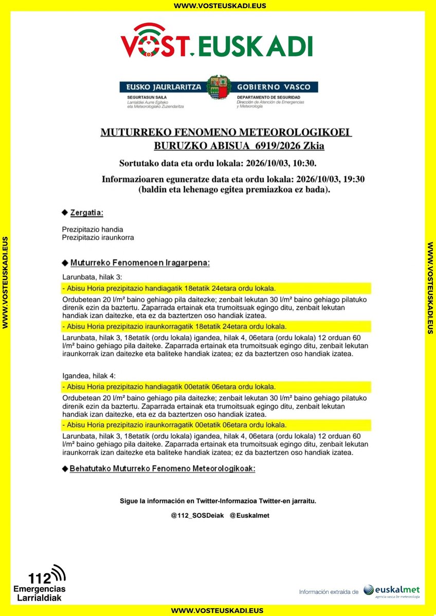 VOSTeuskadi's tweet photo. Abisu 🟡 euri handiak eta iraunkorrengatik

Aviso 🟡 por lluvias intensas y persistentes https://t.co/b7Q9bvXlvu