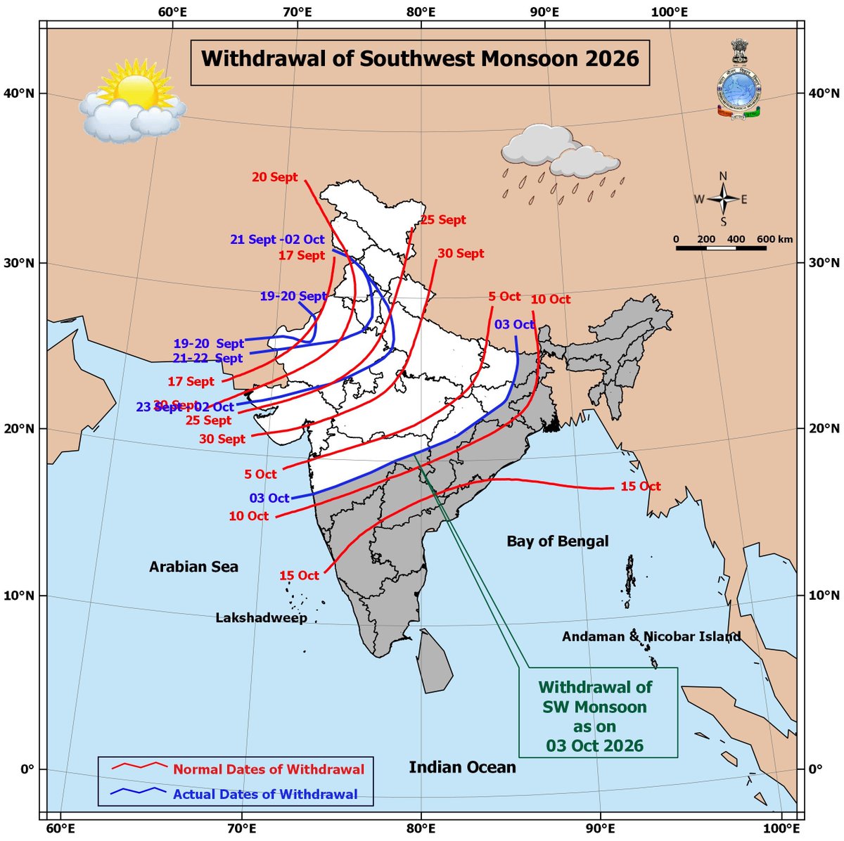 SakhaSanap's tweet photo. The Southwest Monsoon has withdrawn from remaining parts of North India, the entire Gujarat &amp; Madhya Pradesh and some parts of Bihar, Jharkhand, Chhattisgarh and Maharashtra today, 03 October 2026. @Hosalikar_KS @ClimateImd https://t.co/HfUMsEQxJT