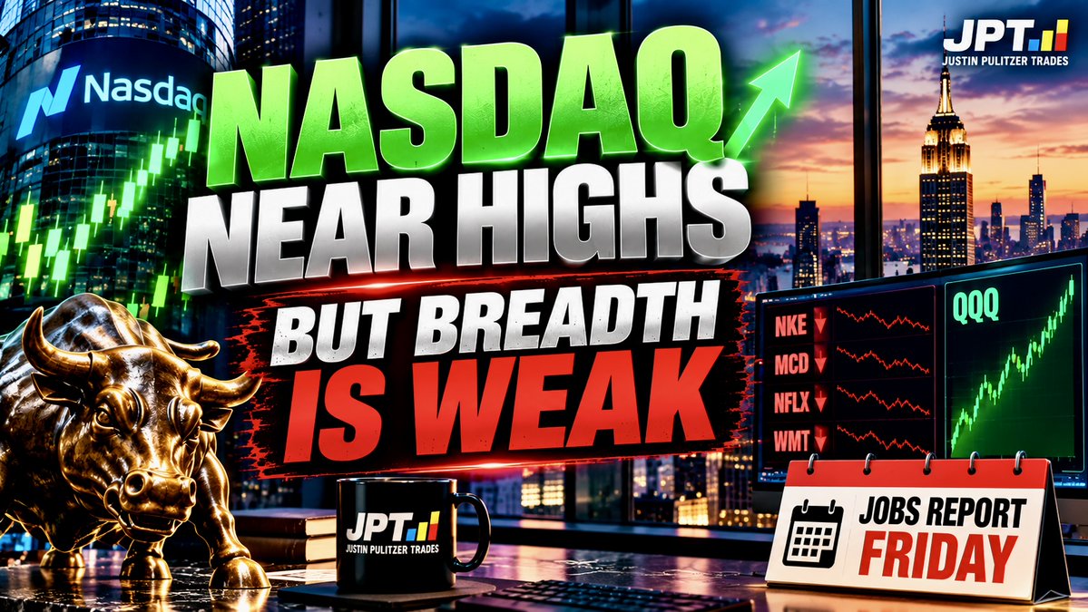 JustinPulitzer's tweet photo. 🆕 Weekend Trading VIDEO 10/4: https://t.co/grI23yQN6a

$QQQ at all-time highs… so why does this market feel so weak?

Tech is holding up, but breadth is poor, major bellwethers are cracking, and the Oil/Yields/Dollar pain trade is back.

In this video I break down key trade setups and levels that matter.

$QQQ $SPY $NVDA $MU $BTC $SPCX