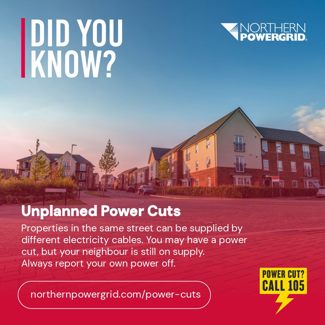 Northpowergrid's tweet photo. Did you know? Properties in the same street can be supplied by different #electricity cables 🏠Always report your own power off (either online or call 105) so you can be kept updated and in the know. Lines are open 24/7. Learn more: https://t.co/GMhBDZBa3V https://t.co/BHjoOtt5KA
