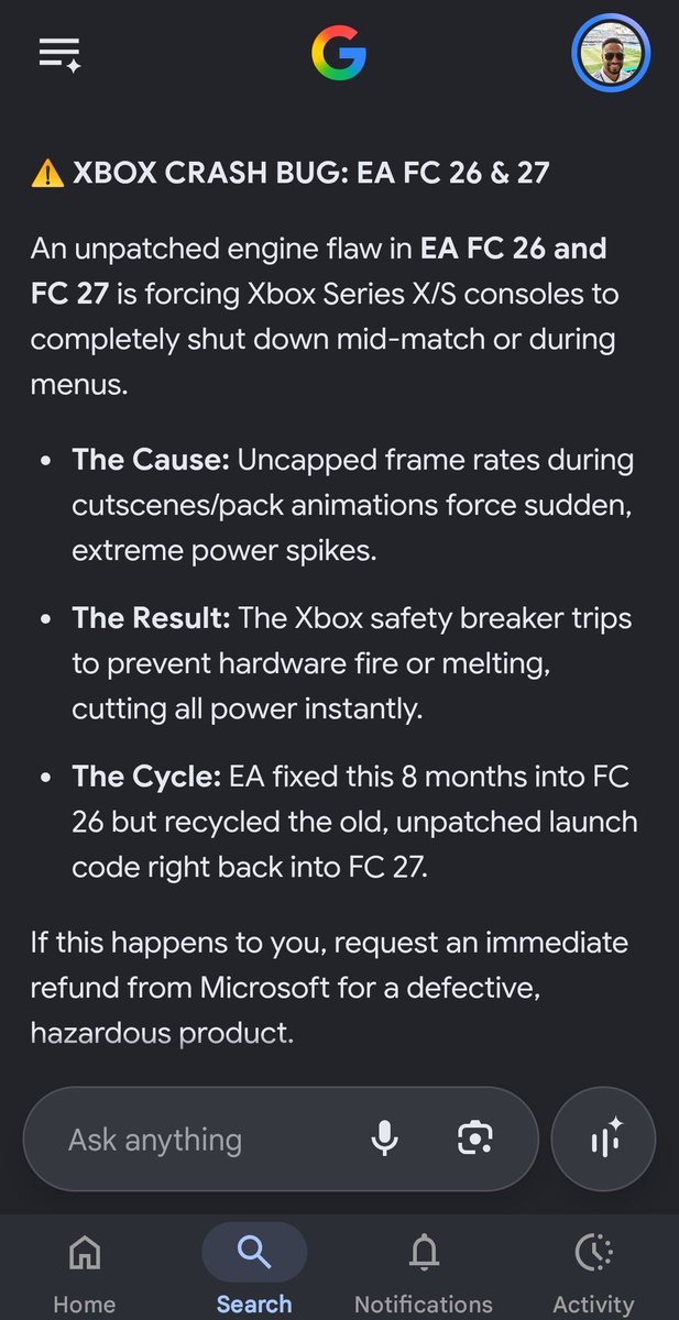 IIIIIIIII911I's tweet photo. @DaaGlitcher So since you worked for EA.. What do you know about their engine making the Xbox series X run so hot that it shuts down.. Don't know if you are even allowed to talk about it. It took 8 months for them to fix it in 26. I just happened in 27 and I refunded the game immediately. https://t.co/oCEnV110Nj