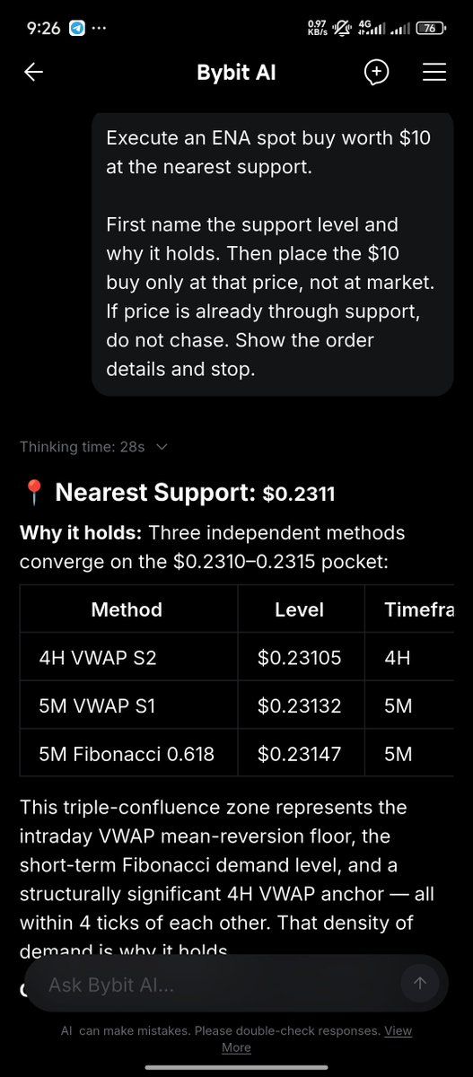 ansarweb3's tweet photo. Asked Bybit AI to buy $10 of ENA only at support, not at market.

It named $0.2311 from three levels sitting on top of each other, then placed a limit for 43.2 ENA. No chase.

#BybitAIPromptShowOff @BybitAfrica https://t.co/yt98Tptmz8