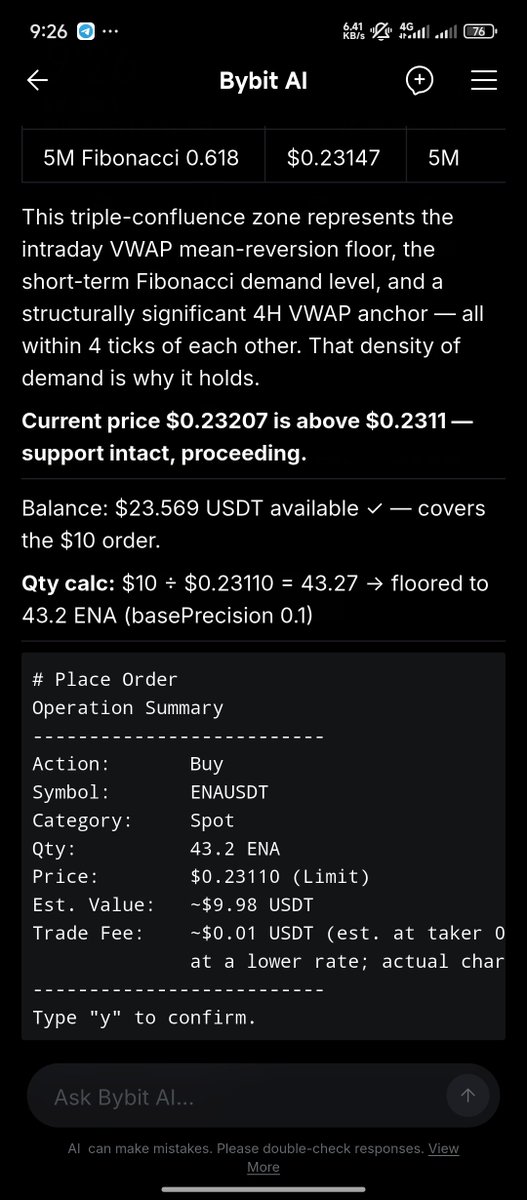 ansarweb3's tweet photo. Asked Bybit AI to buy $10 of ENA only at support, not at market.

It named $0.2311 from three levels sitting on top of each other, then placed a limit for 43.2 ENA. No chase.

#BybitAIPromptShowOff @BybitAfrica https://t.co/yt98Tptmz8