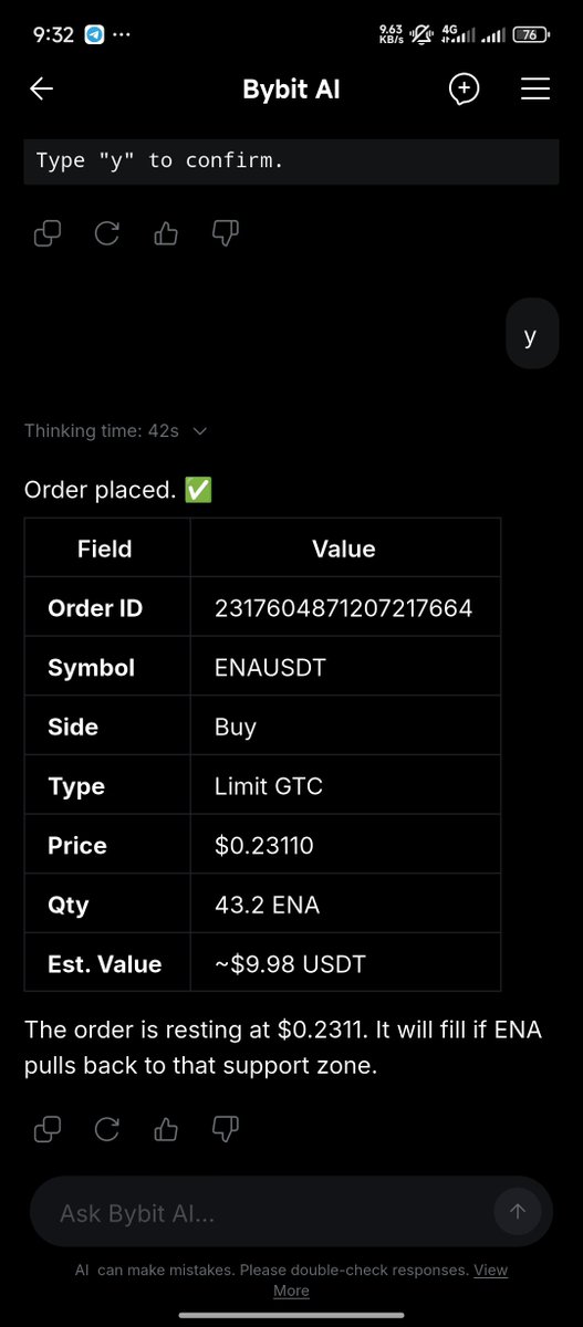 ansarweb3's tweet photo. Asked Bybit AI to buy $10 of ENA only at support, not at market.

It named $0.2311 from three levels sitting on top of each other, then placed a limit for 43.2 ENA. No chase.

#BybitAIPromptShowOff @BybitAfrica https://t.co/yt98Tptmz8