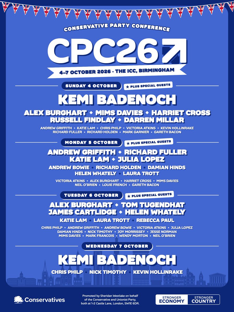Conservatives's tweet photo. The line-up is in. 🎟️  #CPC26 https://t.co/r6sd7BhYOA