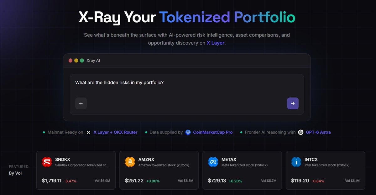 XrayOnchain's tweet photo. +𝟏𝟖𝟕% 𝐢𝐧 𝐨𝐧𝐞 𝐦𝐨𝐧𝐭𝐡.

That’s the growth of tokenized stocks on @XLayerOfficial

We built 𝐗𝐫𝐚𝐲 (https://t.co/SzUa54nTPB) to help you see beyond the price and understand the risks inside your portfolio.

#OKXNow #OKX #xStocks #Ondo https://t.co/oWBE46aK6b