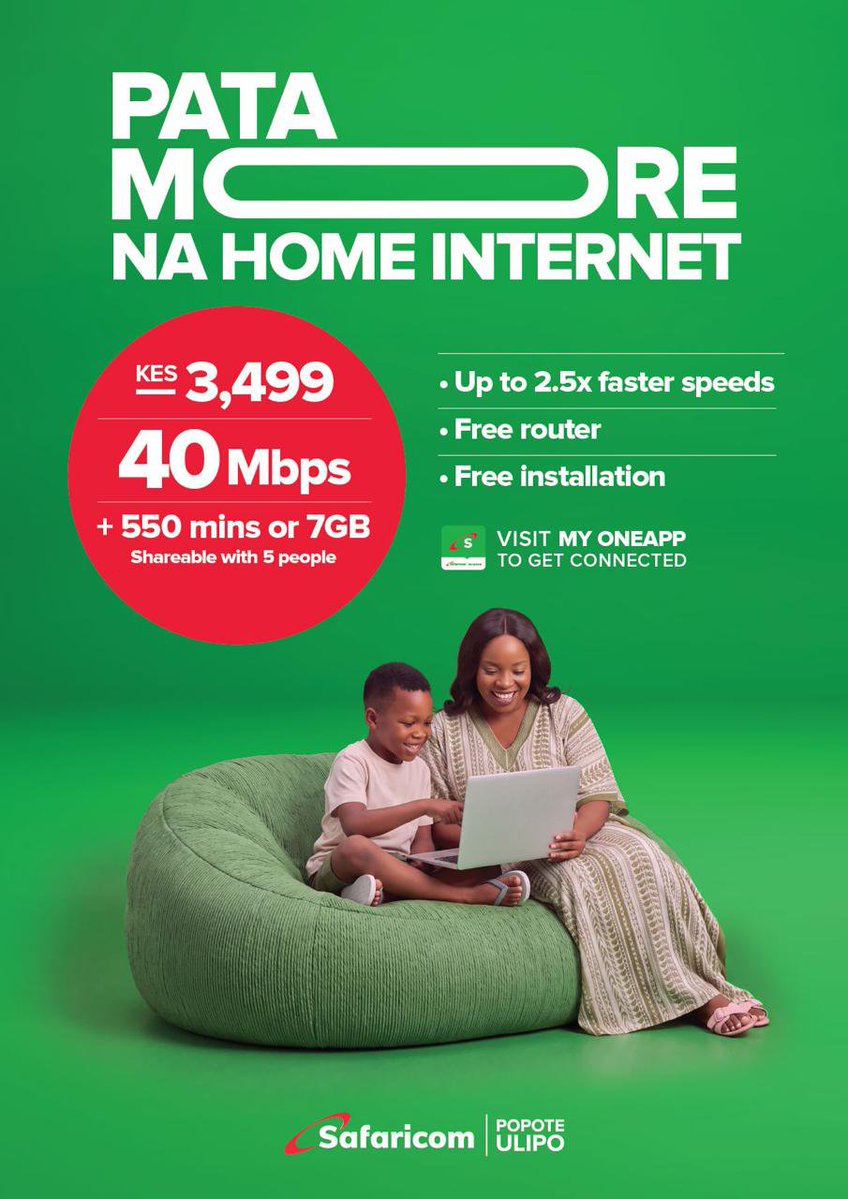 _rylanreid's tweet photo. One home fibre line, shared mobile benefits for five people. Bronze, Silver, Gold or Diamond — choose what fits your family best.
#PataMoreNaSafaricomHome
#SafaricomHomeFiber
Family Share https://t.co/Pg1KZi8S2l