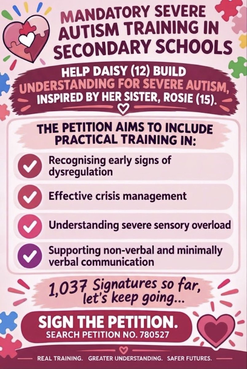 GriffithsShuman's tweet photo. Help Daisy (12) build understanding for severe autism, inspired by her sister, Rosie (15). We need mandatory training in secondary schools for severe needs, sensory overload, and non-verbal communication. 

Search UK Parliament Petition No. 780527 💙 link in comments https://t.co/WdTVrIdA7C