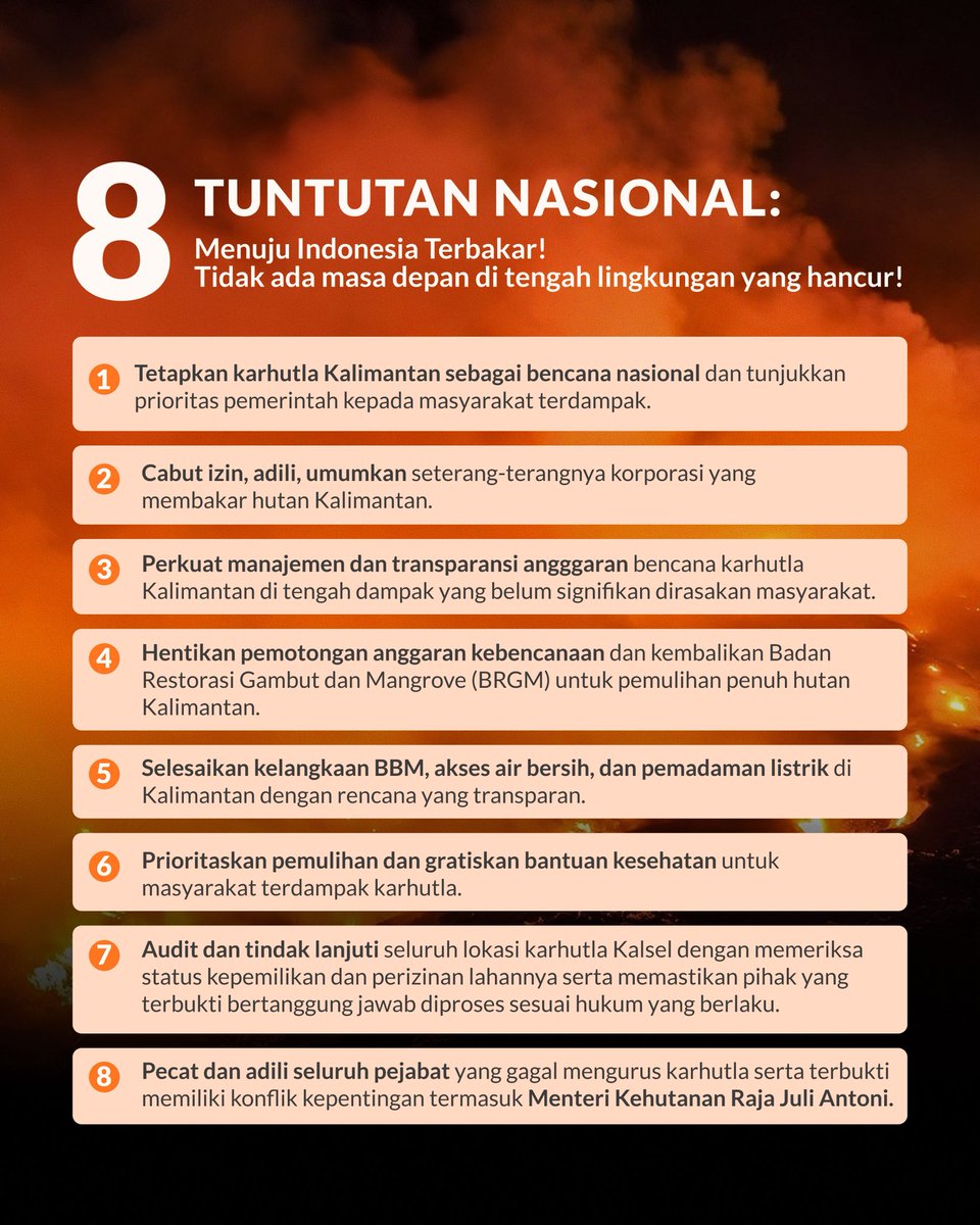 virdianaurellio's tweet photo. Masyarakat Kalimantan sudah sangat lelah. Kami tidak butuh “saya dapat laporan”. Berkantor disini dan lihat langsung betapa Kalimantan membutuhkan status bencana nasional!

Minggu 4 Oktober 2026 | 18.00 - 21.00 WIB | Tugu Soekarno, Palangkaraya, Kalimantan Tengah

Semua orang muda diundang! Dan ada 5000 masker gratis!