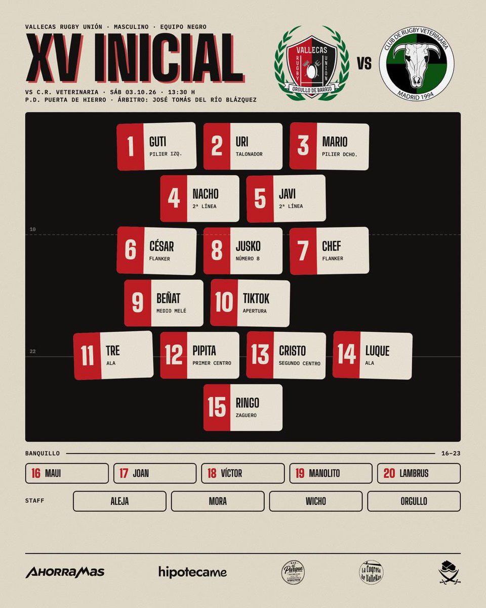 VallecasRU's tweet photo. Ahorramas Vallecas RU Negro contra C.R. Veterinaria.
13:30 en el Parque Deportivo Puerta de Hierro.
Este es el XV que sale a por ello. Banquillo cargado y staff al pie del cañón.
❤️🖤
#VRU
@ahorramas_com #hipotecame #barelparqueentrevias #lacocretadevallekas @pahvallekas https://t.co/jY0eQeQb7S