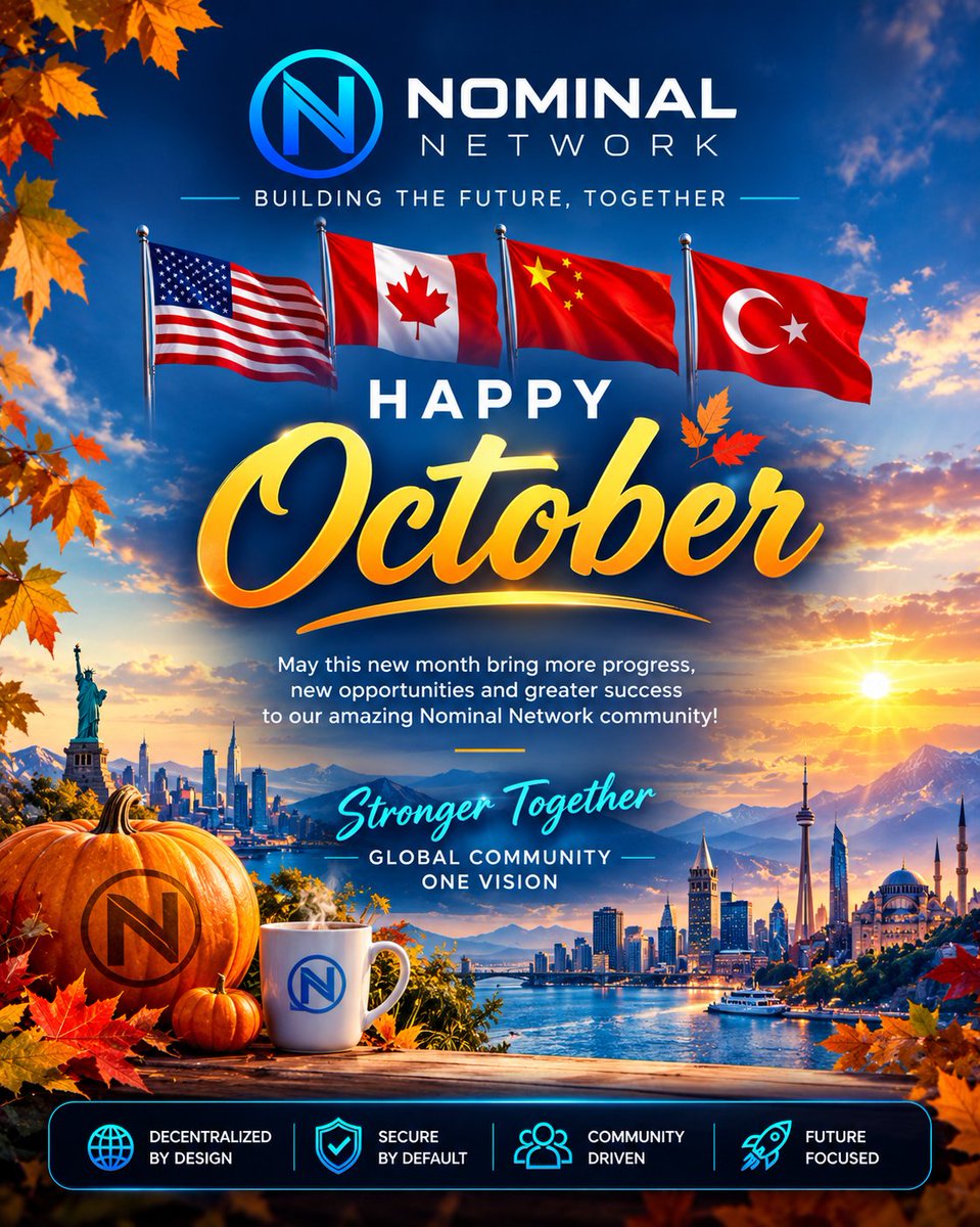 Nominalcoin1's tweet photo. 🍂 HAPPY OCTOBER, NOMINAL COMMUNITY! 💙🌎

A new month brings new opportunities, new progress, and another chapter in our journey together.

From the 🇺🇸 USA, 🇨🇦 Canada, 🇨🇳 China, 🇹🇷 Turkey, and communities around the world, we continue to grow stronger as one global Nominal family.

🚀 New month. New goals. New possibilities.

Let’s keep building, supporting one another, and moving forward together. The journey continues, and there’s still so much ahead for Nominal Network.

Wishing everyone a productive, successful, and beautiful October! 🍁💙

Note: Update is coming 🔥🔥

Stronger Together. One Community. One Vision. 🌐

#NominalNetwork #HappyOctober #Nominal #Blockchain #CommunityDriven