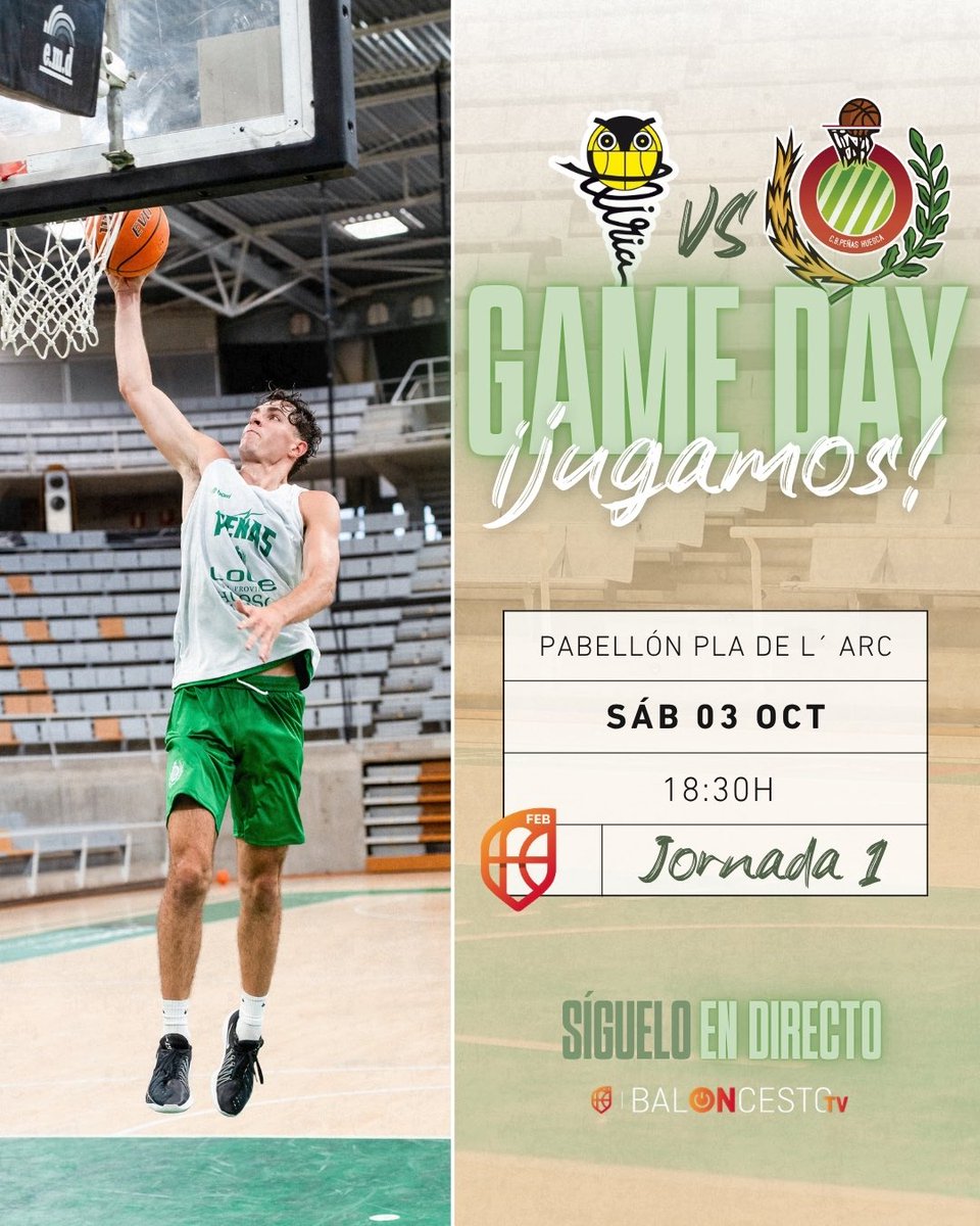 CBPHuesca's tweet photo. 🏀GAMEDAY | J1  LIGA REGULAR

📅Sáb 3 de octubre
🕡18:30 h
📍Pabellón Pla del Arc

El equipo viaja a Llíria para afrontar un partido difícil, pero con muchas ganas de competir, luchar cada balón y empezar la liga de la mejor manera.

📺 Síguelo en Baloncesto TV

¡Vamos Peñas!💚🤍 https://t.co/znuTBNL4JT