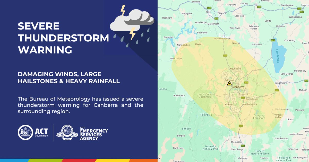 ACT_ESA's tweet photo. The Bureau of Meteorology has issued a Severe Thunderstorm Warning for Canberra and its surrounding regions - this storm is already impacting parts of the nation's capital.

This storm is likely to produce damaging winds, large hailstones and heavy rainfall that may lead to flash flooding.

The thunderstorm is moving towards the east. It is forecast to affect Belconnen, Hall and Gungahlin by 6:40 pm, but may already be affecting these areas.

The ACT State Emergency Service advises the community to:
🚗 Move your car under cover and away from trees;
🔒 Secure or put away loose items;
⚡️Keep at least 8 metres away from fallen power lines;
🏠 Stay indoors away from windows;
🚧 Never drive, walk or ride through floodwater.

If you need support during storms and floods call the ACT State Emergency Service on 132 500.

The weather situation can change rapidly, check https://t.co/BIhyiIUAil for weather updates and warnings.

In a life-threatening emergency call Triple-Zero (000).