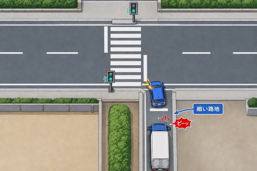 hugo_oh_'s tweet photo. @KC_D_FAL なるほど！それなら青い車がここから左折して横断歩道の上を通ったら信号無視になりますね。

最初に私がはった絵のような場所に幹線道路の停止線が有るなら左折も右折もできると思いますが、トラックは停止線の場所ちゃんと見てないんでしょうなぁ。。。 https://t.co/svBgRePvBD