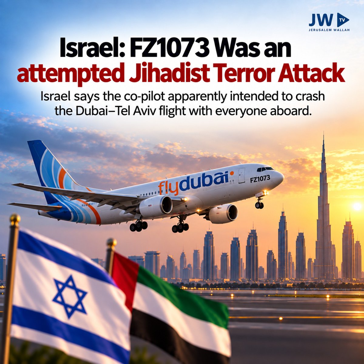 SourabhBakshi_'s tweet photo. Israel says FlyDubai flight FZ1073 was an attempted jihadist terror attack. The co-pilot allegedly intended to crash the Dubai–Tel Aviv plane with everyone on board. Crew and passengers stopped it. Emergency landing in Saudi Arabia. #TerrorWillNotWin #FlyDubai https://t.co/wxZXz6ydz0