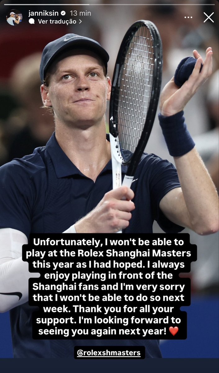 josemorgado's tweet photo. BREAKING: Jannik Sinner is OUT of Shanghai. https://t.co/bbqymQfmoV