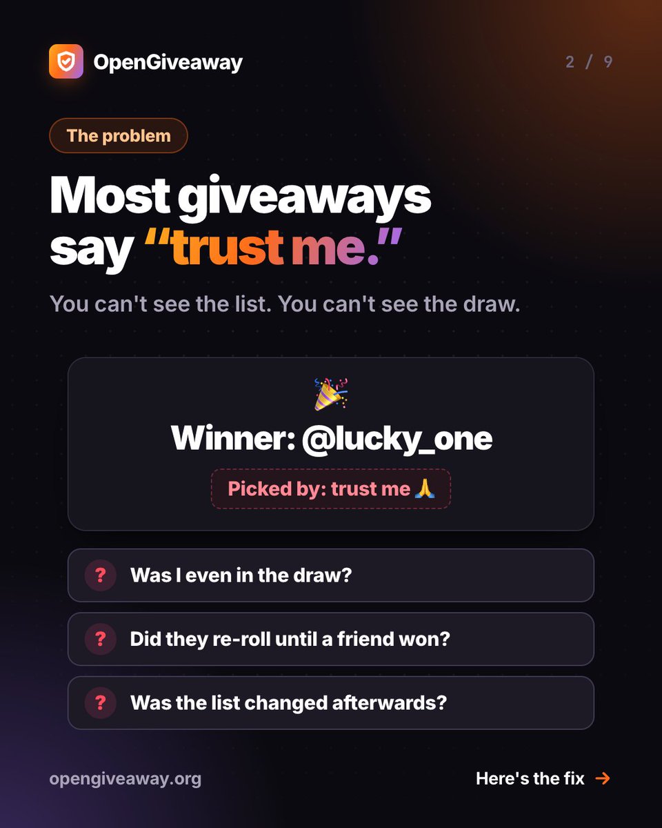 opengiveawayorg's tweet photo. Most giveaways say "trust me." OpenGiveaway shows its work 👇

1. Seal the entry list
2. Stamp it on Bitcoin
3. A future block draws
4. Anyone can check it

Open source. Self-hostable.

Tag @opengiveawayorg for an open, verifiable giveaway experience.

https://t.co/FScpWmczCk https://t.co/V5Bip1OMsU