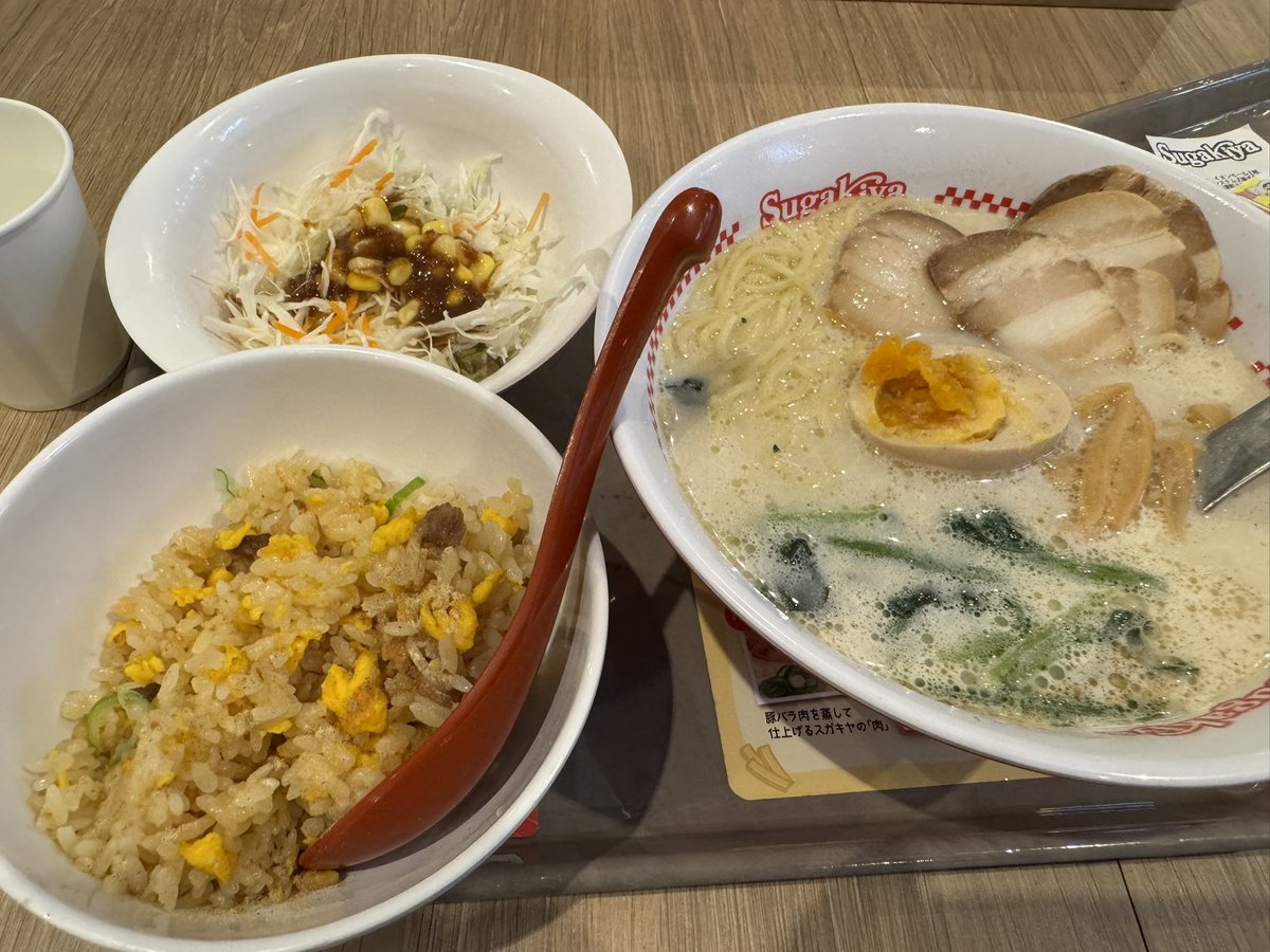 rice84969374's tweet photo. スガキヤで480円払うと無料でチャーハンとサラダまでついてきてレンゲでスープ飲めるんすよね https://t.co/hRyZunQYLh