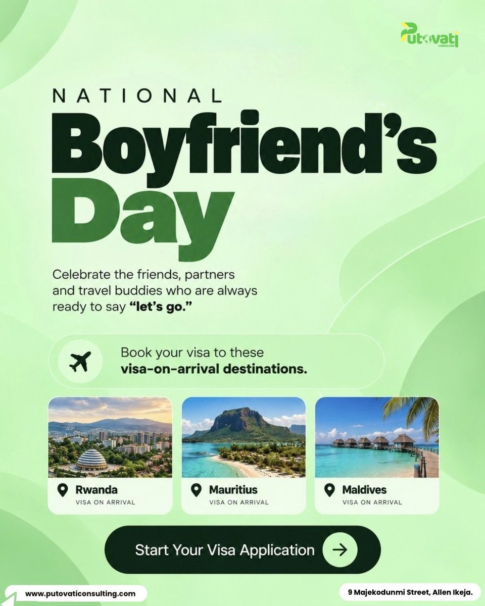 putovaticonsult's tweet photo. The best travel plans often start with one person saying, “Let’s go,” and the other already checking flights. 😂

This National Boyfriend’s Day, tag the boyfriend who’s always ready for the next trip. Rwanda, Mauritius or the Maldives—which one are you choosing together? ✈️ https://t.co/dQajITGeAk