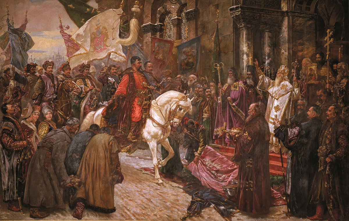 IAPonomarenko's tweet photo. This painting by Mykola Ivasiuk, completed in 1912, illustrates my favorite scene from my forthcoming book about Ukraine’s historical fate.

Bohdan Khmelnytsky, leader of the Ukrainian Cossack uprising of 1648, makes a triumphant entry into Kyiv.

These were the days before Christmas in the first year of a terrible war. Allied with the Crimean Tatars, the Cossacks had inflicted a series of crushing defeats on the forces of the Polish-Lithuanian Commonwealth.

Khmelnytsky had effectively proclaimed autonomy across vast stretches of Ukrainian land under the authority of the Zaporozhian Host, with himself at its head as hetman of the Cossack army.

Having ended the campaign of 1648 with a truce with the crown, he and his army entered Kyiv with banners and cannons through the Golden Gate, which had stood in ruins for 400 years since the Mongol invasion. 

The ancient capital itself was only beginning to recover from centuries of decline. Kyiv’s residents greeted Khmelnytsky with cannon salutes and cheers; students of the Kyiv-Mohyla Academy sang hymns to him, and the Patriarch of Jerusalem blessed the hetman in St. Sophia Cathedral for the battles ahead as the ruler of an emerging Cossack Ukraine.

It was a tragic and terrible war. Blood flowed across Ukrainian land: fierce battles, atrocities and mass executions on both sides, horrific pogroms against Jews, famine, devastation and death.

We must remember all of it -- the triumph of that moment and the terrible suffering of the war. Ukraine’s path to statehood and independence has been long and painful, and even today, we could lose that independence again.