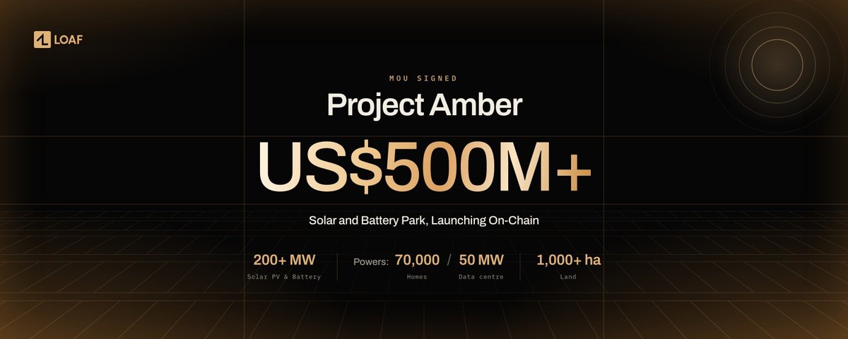 bykaralord's tweet photo. Bringing $500M of Solar Assets On Chain

RWA is moving beyond treasuries and private credit.

Fusion Source Energy has signed an MOU with Loaf to bring more than $500 million of Australian solar and battery projects on chain, starting with Project Amber.

Project Amber is a 200+ MW solar park with multi hour battery storage. It is expected to generate enough electricity each year to power over 70,000 homes or support a 50 MW data centre.

This matters because energy demand is changing fast. Data centres are becoming some of the most active buyers of utility scale power.

Projects of this size are usually only available to large institutional investors. Loaf changes that by helping bring physical infrastructure on chain with broader access, transparent pricing, and future market participation.

As Amber matures, users may be able to go long, go short, and use these assets across the on chain finance ecosystem.

This is the real RWA thesis.

Not just tokenizing financial products.

Tokenizing the physical infrastructure humanity actually needs. @Loafmarkets