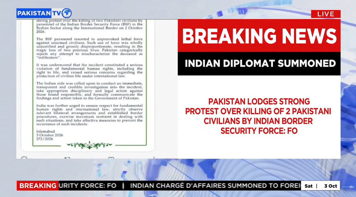 PakTVGlobal's tweet photo. #Breaking 

Pakistan lodges a strong protest over the killing of two Pakistani civilians by India’s Border Security Force. The Foreign Affairs Ministry summons the Indian chargé d’affaires.

@ForeignOfficePk

#BreakingNews #Pakistan #India #BorderSecurityForce #PakistanTV https://t.co/SVH0c7Zb51