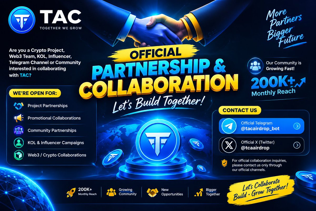 TACxAirdrop's tweet photo. 🤝 TAC OFFICIAL PARTNERSHIP & COLLABORATION 🚀💎

Are you a Crypto Project, Web3 Team, KOL, Influencer, Telegram Channel, or Community interested in collaborating with TAC?

🌐 We’re Open for Partnerships & Collaborations!

📬 Official Telegram: https://t.co/zrWroMOZcI
🐦‍⬛ Official X (Twitter): https://t.co/0YWewx1PHI

⚠️ For official collaboration inquiries, please contact us only through our official channels.

🚀 Let’s Collaborate • Build • Grow Together! 🪙