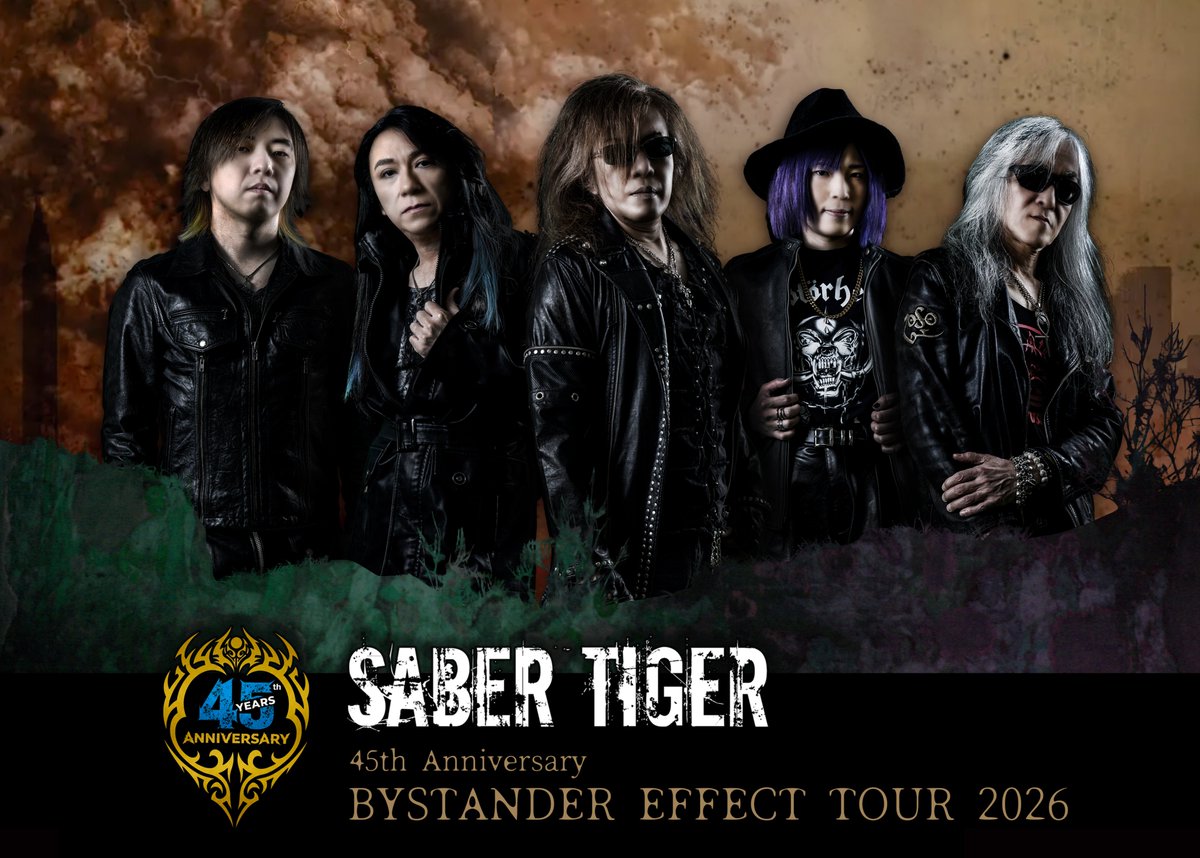 sabertiger_jp's tweet photo. 45th Anniversary
BYSTANDER EFFECT TOUR 2026
45周年記念・3タイトル連続ツアーのラストを飾る
「BYSTANDER EFFECT TOUR 2026」
開幕まで、いよいよあと1週間!
本ツアーでは、アルバム『BYSTANDER EFFECT』の全曲を、全会場で演奏します。
ライブ定番曲はもちろん、
普段なかなか聴くことのできないレア曲、
そして超難解曲まで――
45周年だからこそ実現する特別なセットリストで、
SABER TIGERの世界観を、ぜひその全身で体感してください!
2026年、最後のツアー。
どうぞお見逃しなく!
チケットは各プレイガイド、およびオフィシャルショップにて絶賛販売中!
▼ チケット購入・ライブ詳細
https://t.co/pxiqzevg4q
皆様のご来場を心よりお待ちしております!
▼ BYSTANDER EFFECT TOUR 2026
10/9(金)東京・神田 Isolde【牙虎集会】
10/10(土)東京・赤羽 ReNY alpha
10/11(日)名古屋 ell.SIZE
10/12(月・祝)大阪・心斎橋 SHOVEL
10/22(木)札幌 cube garden
#SABERTIGER
#BYSTANDEREFFECT
