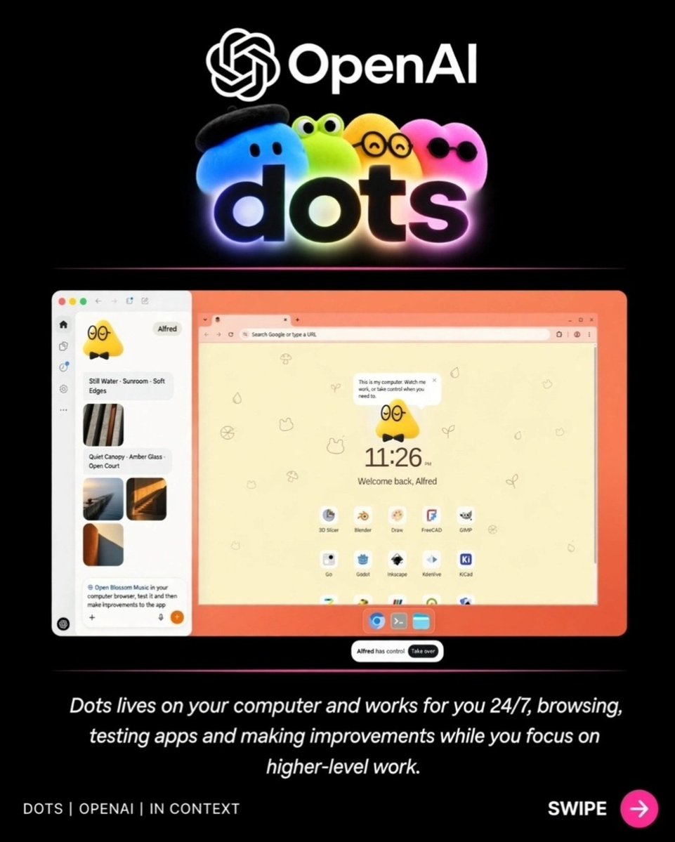 techindro's tweet photo. OpenAI Dots are here. Here's what they actually do.

OpenAI just dropped Dots at DevDay 2026 &amp; the agentic shift is real:

· 24/7 Always-On Execution

Where can you try it?

· ChatGPT Pro mode
· ChatGPT Business Premium
· OpenAI Developer Dashboard (via the new Agentic API suite) https://t.co/EEqwWIGUjG