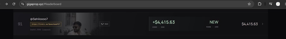 Sahiloooo7's tweet photo. 4,400$ Hit the bank! 4,000$ more pending!

Watch me climb the leaderboard from #91 to the 40s on @gigaprop .

SPEAR on @VestExchange if you want me to trade with them again! https://t.co/3knd6pK3TK