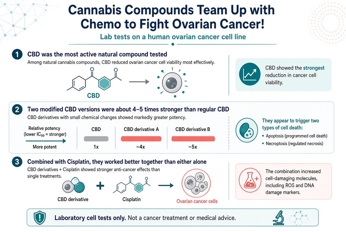 marclanders's tweet photo. Cannabis Compounds Team Up with Chemo to Fight Ovarian Cancer!

Cannabis compounds can slow ovarian cancer cells in lab tests.

On a human ovarian cancer cell line, CBD was the most active natural compound tested. Modified CBD versions killed the cells more effectively.

Two modified versions were about four to five times stronger than regular CBD. They appear to work partly by triggering two types of cell death.

Combined with the chemo drug cisplatin, they worked better together than either alone, linked to higher levels of cell-damaging molecules.

https://t.co/5WZjuMLje0