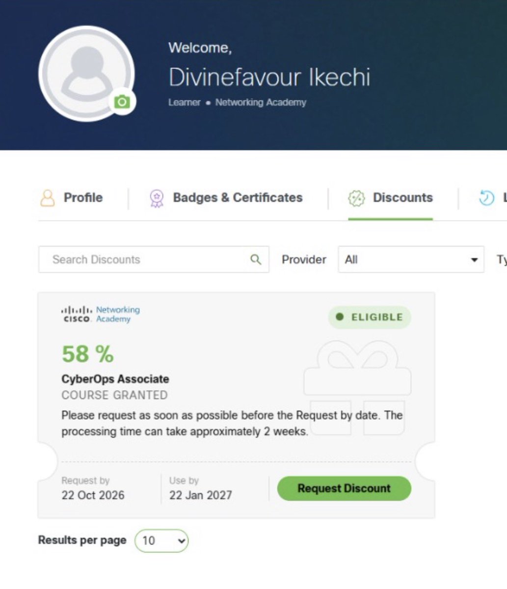 Divioptimist's tweet photo. Last night, I decided to request my discount so that I could apply for my CyberOps Associate certification examination because I want to take 2027 more seriously.

After my cybersecurity graduation, I was expected to write my certification exam, but I have been postponing it for months now. I was even given a 58% discount because I scored above 80% in the internal examination, and the discount will expire on the 22nd of this month if I do not request it.

I am to pay 232k for the remaining 42%, and my instructor will proctor the exam for me.

My only wish is to pass this exam on my first attempt. I cannot imagine having to pay over 500k to write it again.

In 2027, I am going into cybersecurity fully, and this is my first step towards achieving that.

Wish me luck.