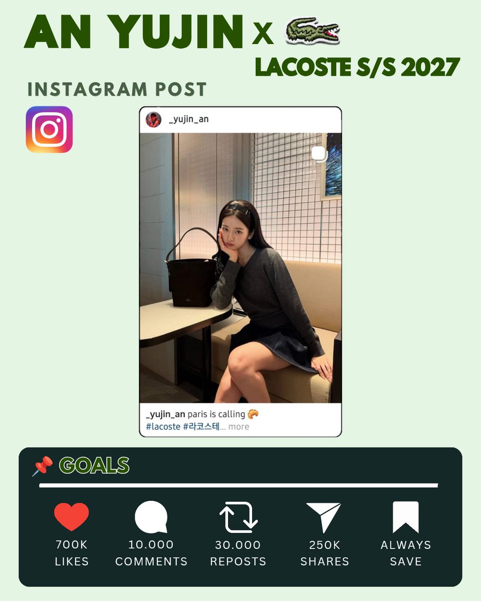 ANYUJIN_GLOBAL's tweet photo. 𝐘𝐔𝐉𝐈𝐍 𝐗 𝐋𝐀𝐂𝐎𝐒𝐓𝐄 𝐒𝐒𝟐𝟕 𝐏𝐅𝐖
#YUJINgoestoPFW #ANYUJIN #LacosteSS27

🚨 YUJIN's IG POST IS THE MOST IMPORTANT FOR EMV & MIV TRACKING!!! 🚨

🎯 Engagement Goal:
♥️ 700K
💬 10K
🔁 30K
📤 250K
📩 Always save!

✅ Do it with ALL your IG accounts!
✅ SHARE REPEATEDLY!
✅ Engage organically!

❌ Do NOT spam the same comments!
❌ Do NOT comments with only hashtags/emojis!