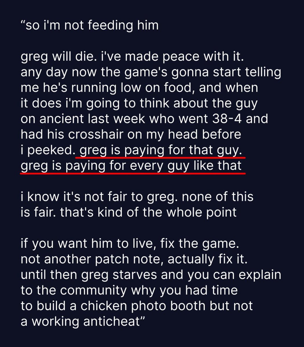 CS2News_EN's tweet photo. 🫡 Reddit user holds Chicken named "greg" hostage and is threatening to starve him if devs don't fix the anti-cheat. 

What no AC updates do to a person 😭 https://t.co/wXajTRVrsT