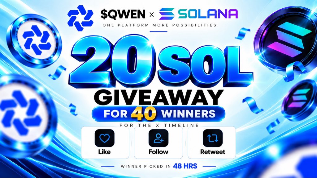 QwenNetwork's tweet photo. 🚨 20 SOL 空投活动正式开启！ 🚨

🎁 40 名幸运获奖者
💰 总奖金：20 SOL

参与方式：
❤️ 点赞
👤 关注
🔁 转发
💬 留下你的 $SOL 钱包地址
📲 加入 Telegram 社区：QWEN Network Telegram⁠

⏰ 获奖者将在 48 小时内公布！

🔥 加入 $QWEN × Solana 社区，赢取属于你的机会！

#QWEN #Solana #空投 #加密货币 #Giveaway