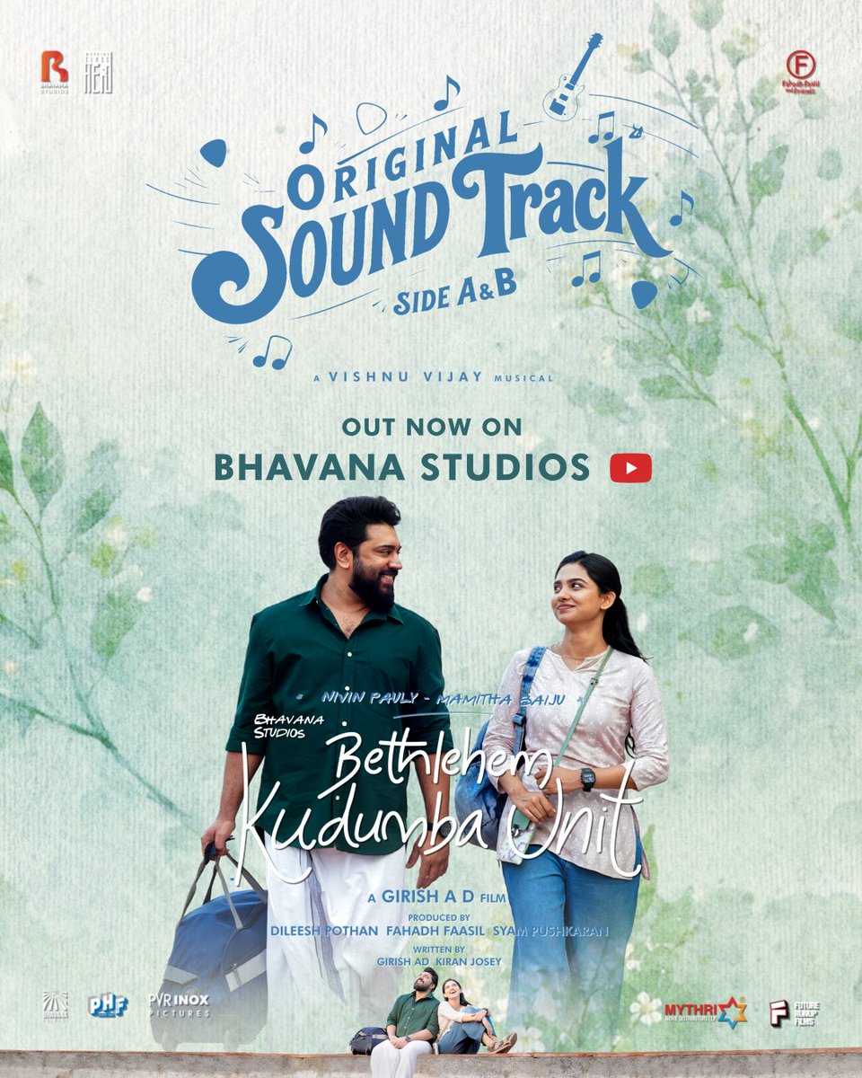 BhavanaStudios's tweet photo. The Much Awaited #BKU OST is Out Now ��

A Vishnu Vijay Magic ✨ 🎼 

Side A ▶️https://t.co/UGlL6yHBzD
Side B ▶️https://t.co/UGlL6yHBzD

@NivinOfficial @_mamithabaiju @BhavanaRelease @FutureRunup @PrimarkProd @MythriOfficial 
@MythriRelease @PharsFilm 

#NivinPauly #MamithaBaiju #VishnuVijay #BethlehemKudumbaUnit