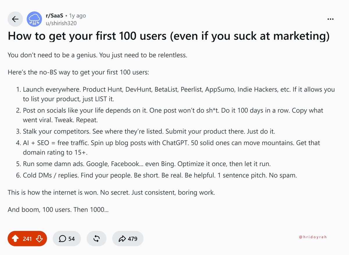 sohmehta's tweet photo. i got to $120k revenue without doing half of this.

no product hunt. no 50 chatgpt blog posts. no facebook ads.

what actually got me my first 100 users (no bs):

1) dm'ing people who had already complained about the exact problem i was trying to solve on LinkedIn and X. keep it short and simple.

2) replying under every post in the niche for 30 days. not “check out my tool.” actual answers with insights.

3) obsessing over the first 20 users. be it calls, loom videos, or fixing their setup myself.

4) posting the $$ numbers. $0. then $10k. people trust authenticity.

ads and blogs only start working after some users are already paying you. before that 90% of the job is just talking to people who already have the problem.

are you stuck at getting users for your product?

comment the product link and i’ll tell you how i'll go about acquiring your first 100 users.

first 10 comments get a loom video.

Disclaimer - I lead growth at a YC startup