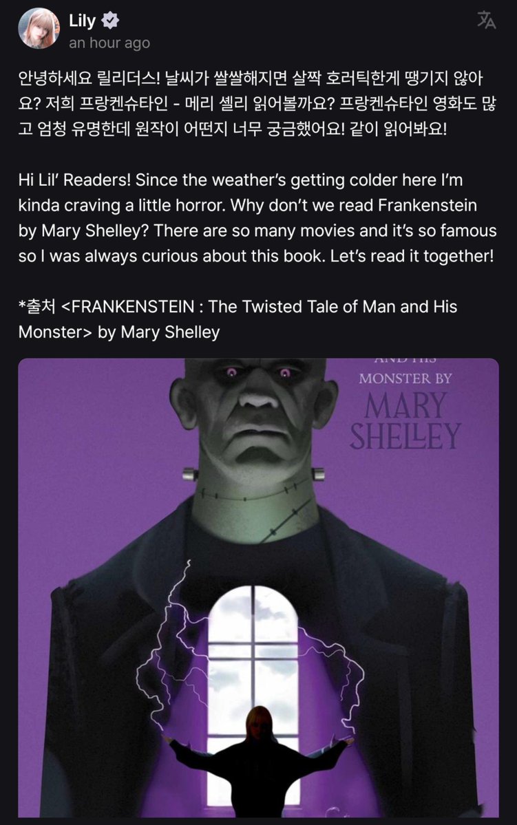 nmixxpics_'s tweet photo. the next LILY’s Lost The Plot is the gothic science-fiction novel ‘FRANKENSTEIN’ by Mary Shelley! https://t.co/NbPLgSHDfS