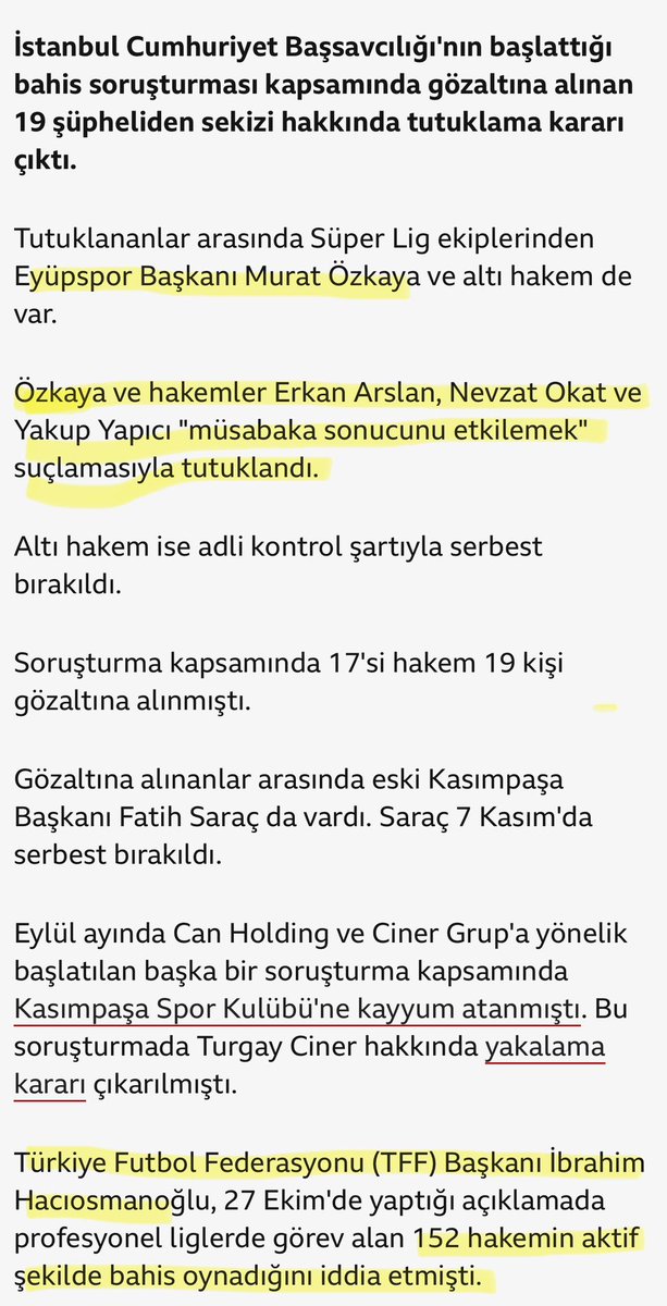 cenkozbay's tweet photo. Kasım 2025’de
Eyüpspor başkanı
ve
hakemler Erkan Arslan, Nevzat Okat ve Yakup Yapıcı

 "müsabaka sonucunu etkilemek" 

suçlamasıyla tutuklandı.
TFF başkanı 152 hakemin “aktif” bahis oynadığını iddia etti.

Bugünkü iddialardan çok daha ağırdı

Sonuç ne oldu
Süperlige ara mı verildi?

Mesela, hangi müsabakaların sonucunu etkilemişti Eyüpspor başkanı ve bu hakemler? Neden kimse merak etmiyor?

Şu an Eyüpspor TMSF’de, başkanı atanmış başkan!

Kimseden gık yok!!
Kimse samimi değil